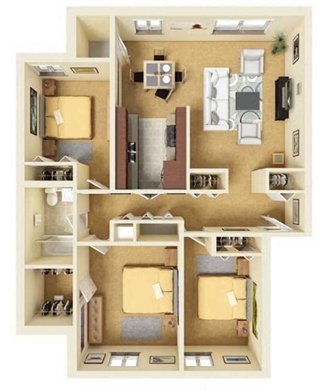 A detailed 3D floor plan of a small apartment.